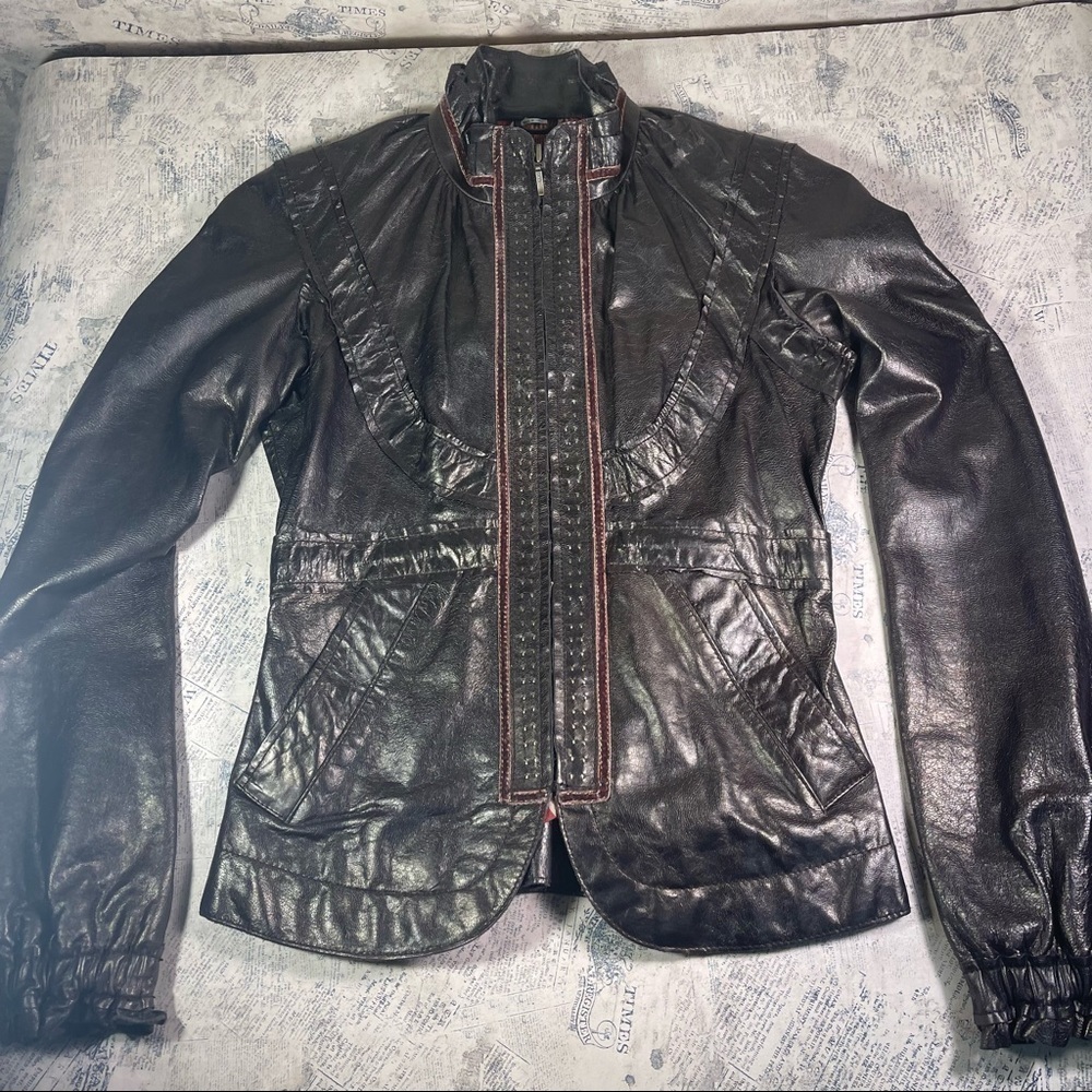 June Brown Leather Jacket Velvet Embroidered Stitch Detail Boho Motorcycle Style